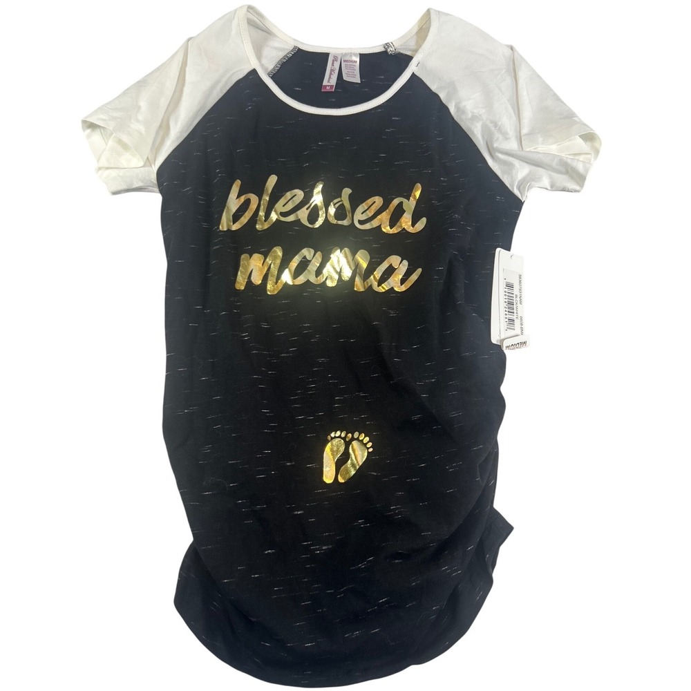 Planet Motherhood Blessed Mama Maternity‎ Shirt Black White Gold Medium NWT